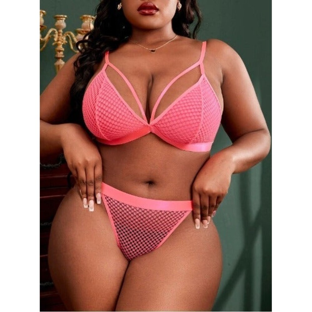 Size 16 Plus (2X) Neon Pink Lace Cut-Out Lingerie Set